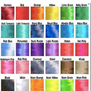 May include: A colour chart displaying thread spools in a range of shades. Colours include maroon, red, orange, yellow, lime green, kelly green, dark turquoise, light turquoise, navy blue, royal blue, windex blue, aqua blue, pale blue, periwinkle, dark purple, light purple, melon, hot pink, bubblegum pink, pale pink, charcoal, silver, chocolate, khaki, black, white, neon orange, neon yellow, neon green, and neon pink.