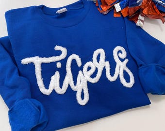 Team Sport Yarn Embroidered Sweatshirt, spirit shirt, Tigers Sweatshirt, 3D embroidery, School Mascot Top