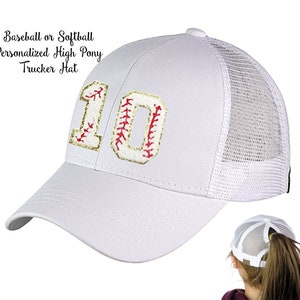 Personalized Baseball Patch High Pony Tail Trucker Hat / Softball Mom / Messy Bun Ball Mom Hat / Baseball Number Hat / Ball Mom