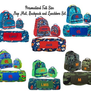 Ensemble sac à dos personnalisé, boîte à lunch et tapis de sieste pour garçons, sac à dos et boîte à lunch monogrammés, ensemble rentrée scolaire avec initiales, dinosaure, requin