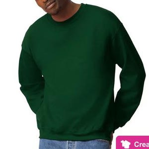 May include: A dark green crew neck sweatshirt with long sleeves.