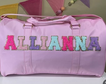 Children's overnight duffel bag with varsity chenille patch letters / Duffle bag for girls