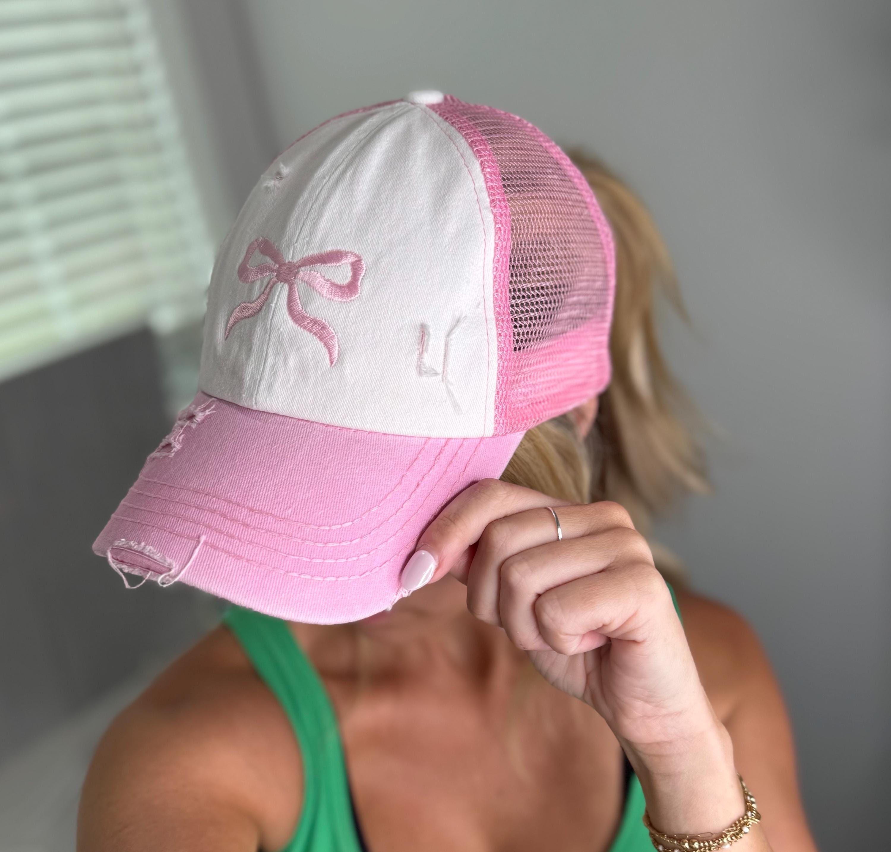 〽️Women Distressed Pink High Ponytail Baseball Trucker Bad Hair Day Adjustable Bad Hair Day Pink Mesh Trucker Hat – Boot Country main image 2