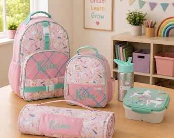 Personalized Unicorn Backpack Set, Back to School, Embroidered Lunchbox & Nap Mat set