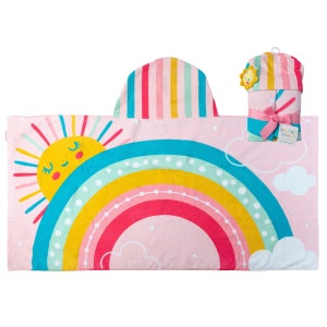 May include: Pink hooded towel with a rainbow and sun design. The towel is folded and has a smaller hooded towel with a sun design on top. The text on the smaller towel says "Stephen Joseph".