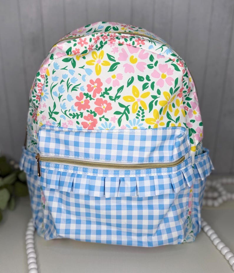 Personalized Girls Floral Backpack: Blue Gingham Ruffle School Bag - Etsy