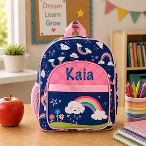 May include: A navy blue backpack with a pink front pocket and handle. The backpack features a rainbow and cloud design, with the name "Kaia" in pink. A red apple sits on the table next to the backpack.