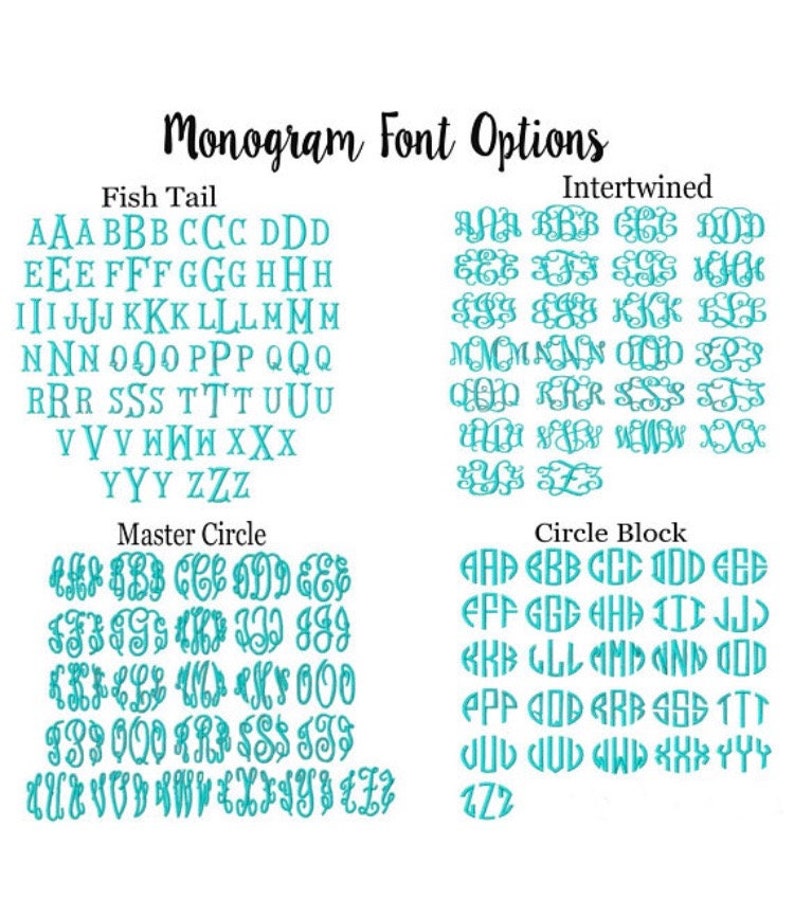 Może przedstawiać: Obraz przedstawiający opcje czcionek monogram&oacute;w w kolorze turkusowym. Czcionki obejmują Fish Tail, Intertwined, Master Circle i Circle Block. Każda czcionka wyświetla alfabet, aby zwizualizować inicjały.