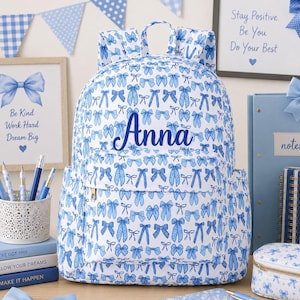 Personalized Bow Backpack, Monogrammed Nylon School Bag, Embroidered Full Size Backpack Blue Bows