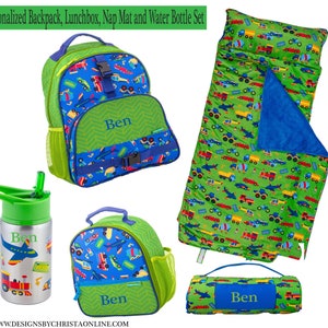 Personalized Back to School Set / Monogrammed Backpack, Lunch box, Nap Mat and Stainless Water Bottle / Stephen Joseph / Personalized Napmat