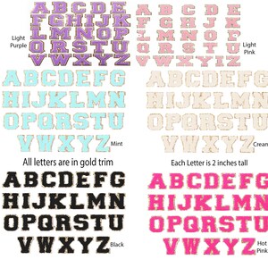 May include: A set of iron-on letters in various colors, including light purple, light pink, mint, cream, black, and hot pink. Each letter is 2 inches tall and has a gold trim. The letters are arranged in alphabetical order.