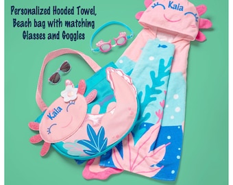 Personalized Hooded Towel, Beach Bag with matching Sunglasses and Swim Goggles, Kids Beach Bag with sand Toys, Stephen Joesph, Beach Bag Set