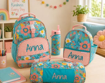 Personalized Back to School Set: Embroidered Backpack, Lunchbox, Nap Mat & Water Bottle
