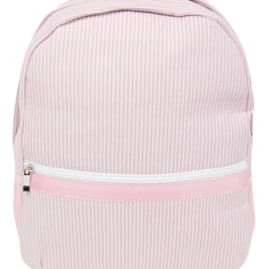 May include: A pink and white striped backpack with a white zipper and a pink accent band. The backpack has a rounded top and a simple, classic design, suitable for everyday use.