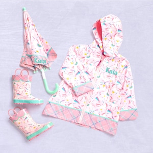 Girls Unicorn Raincoat Set / Kids Rain Jacket / Monogrammed Rain Jacket / Pink Unicorn Rain Jacket / Rain Boots / Gift for Girl / Umbrella