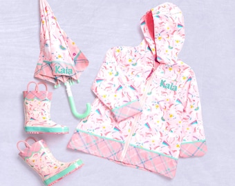 Girls Unicorn Raincoat Set / Kids Rain Jacket / Monogrammed Rain Jacket / Pink Unicorn Rain Jacket / Rain Boots / Gift for Girl / Umbrella