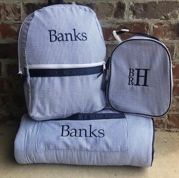 Personalized Back to School Set, Seersucker Embroidered Backpack, Lunchbox, & Nap Mat