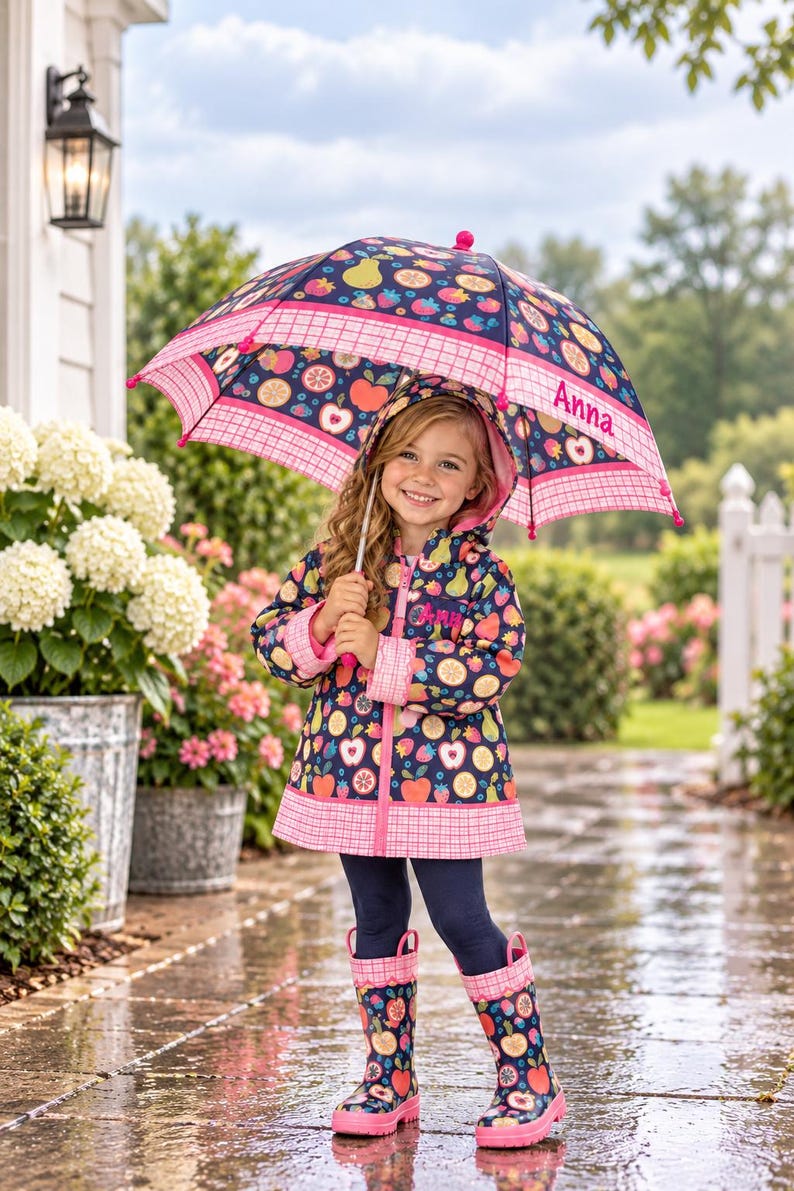 May include: A navy blue hooded raincoat, matching rain boots, and an umbrella, all featuring a colorful fruit pattern of apples, pears, and strawberries. The raincoat and umbrella are accented with pink plaid trim and the name Anna in pink text.