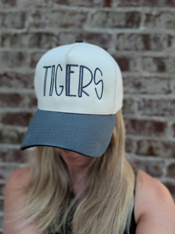 Custom Sports Embroidered Vintage Trucker Hat, Embroidered 3D Cap, Tigers Game Day Hat, Trendy Baseball Apparel, Pinstripe Baseball Mama Hat