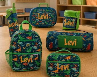 Personalized Dinosaur Backpack Set, Lunchbox, Nap Mat, Water Bottle