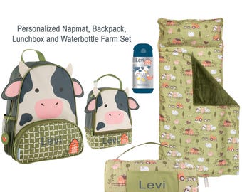 Gepersonaliseerde boerderijrugzakset: geborduurde mat en lunchbox, boerderijdieren