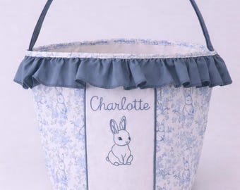Personalized Blue Bunny Easter Basket,  Vintage Toile Fabric Easter Bucket, Custom Heirloom Easter Basket for girls