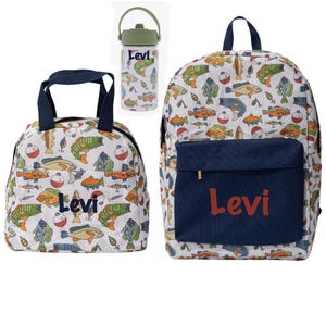 Personalized Fishing Backpack Set: Embroidered Lunchbox & Water Bottle