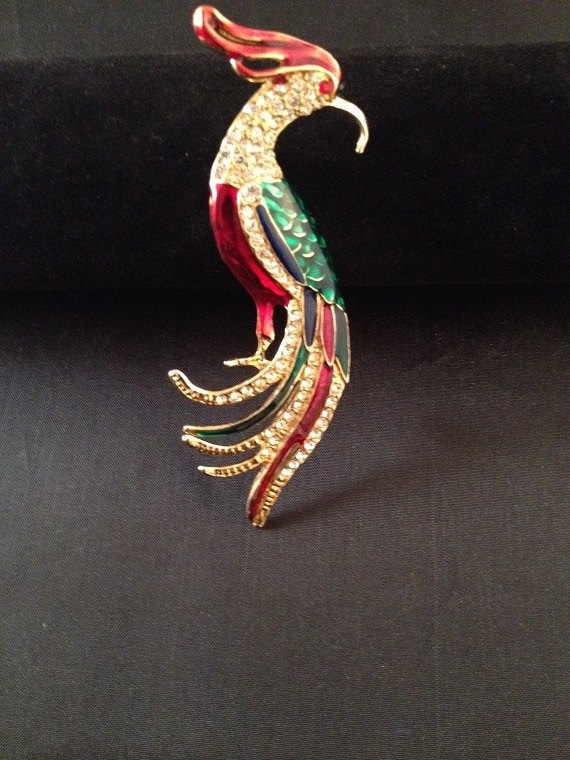 LEE SANDS 1990s Enamel & Rhinestone Peacock Brooch - image 1