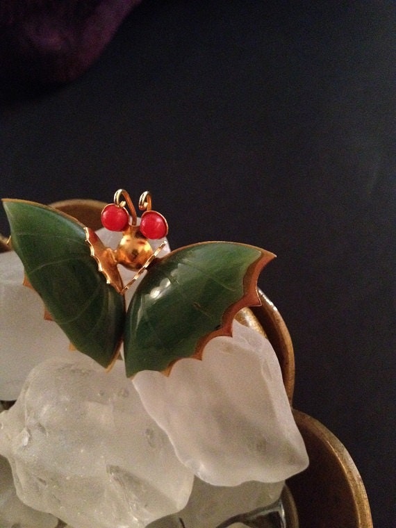 Mid Century Jade and Coral Butterfly Brooch