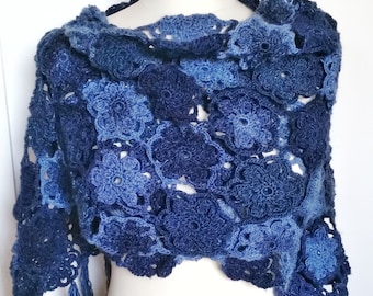 Crochet Blue Flower Stole - Crochet Flower Wrap - Handmade Stole - Made to order only