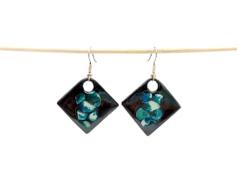 Pendientes cuadrados de esmalte sobre cobre - "Noche Turquesa" - Joyería de arte geométrico azul y negro - Pieza única