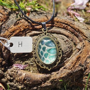 May include: A green and white resin pendant with a bronze frame, hanging from a black cord. The pendant is oval shaped and has a textured surface. The pendant is labelled with the letter "H".