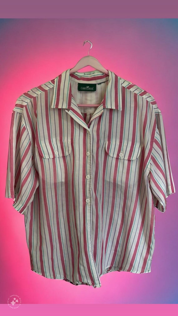 Soft Pink Striped 80s Button Up Sz M/L Vintage Kaw