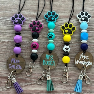 Lanyard Teacher Gift Personalized Assorted Colors Nylon Cord Silicone Bead Lanyard Paw Print Dog Paw Teacher Lanyard image 1