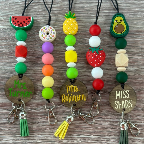 Lanyard | Teacher Gift | Personalized | Assorted Colors | Nylon Cord | Silicone Bead Lanyard | Strawberry | Lemon | Avocado | Pineapple