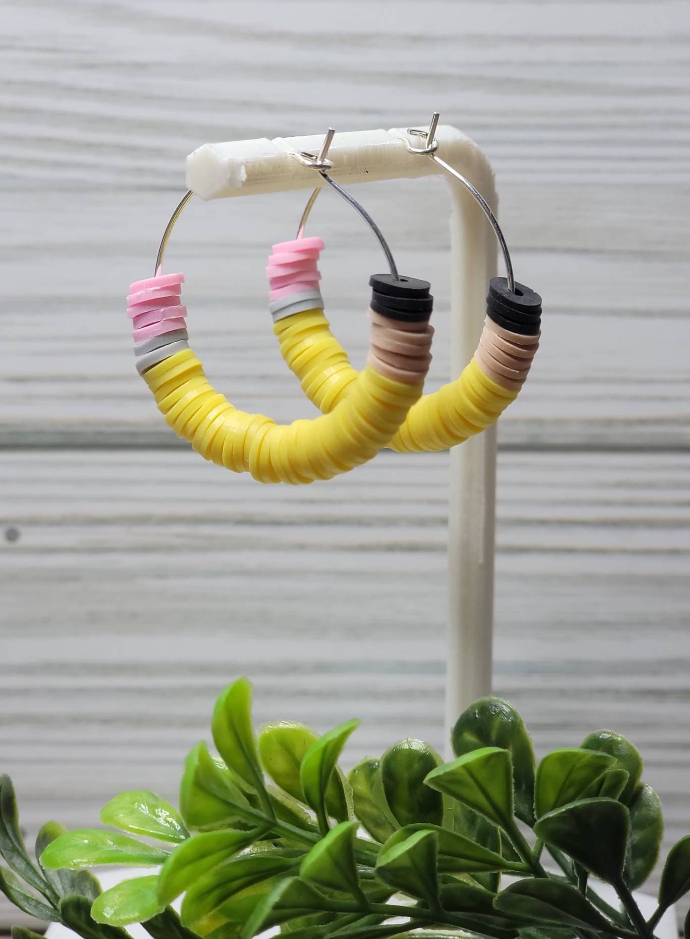 Pencil Earrings | Teacher | Heishi Bead Earrings | Hoop Earrings | Clay Polymer Beads | Pencil Heishi Hoop Earrings | 30mm | Silver or Gold