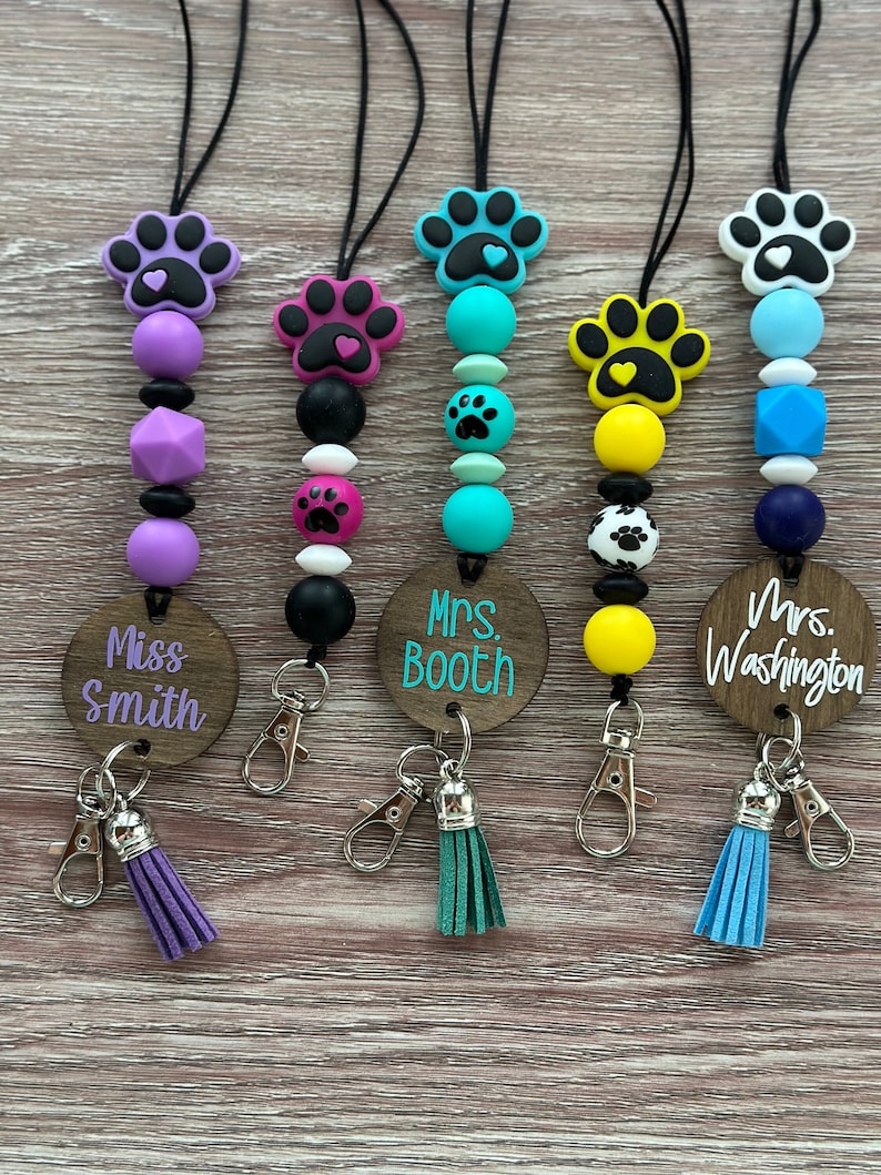 Lanyard Teacher Gift Personalized Assorted Colors Nylon Cord Silicone Bead Lanyard Paw Print Dog Paw Teacher Lanyard image 1