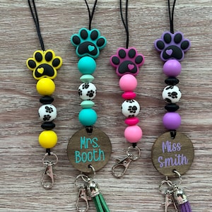 Lanyard | Teacher Gift | Personalized | Assorted Colors | Nylon Cord | Silicone Bead Lanyard | Paw Print | Dog Paw | Teacher Lanyard