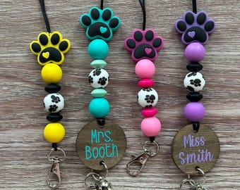 Lanyard | Teacher Gift | Personalized | Assorted Colors | Nylon Cord | Silicone Bead Lanyard | Paw Print | Dog Paw | Teacher Lanyard