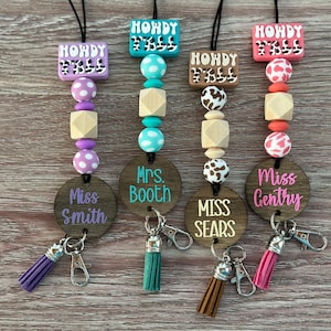 Lanyard | Teacher Gift | Personalized | Assorted Styles | Nylon Cord | Silicone Bead Lanyard | Howdy Y’all | Cow Print | Teacher Lanyard