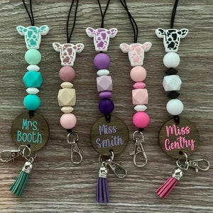 Lanyard | Teacher Gift | Personalized | Assorted Colors | Nylon Cord | Silicone Bead Lanyard | Cow