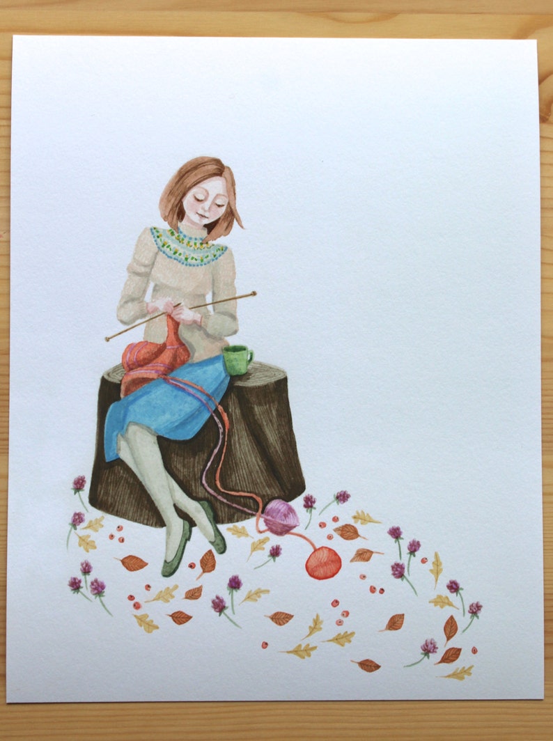 Thanksgiving gift, Gift for knitter, Crocheting print, Knitting Illustration, wool, knitting needles, Fall illustration, Winter illustration image 2