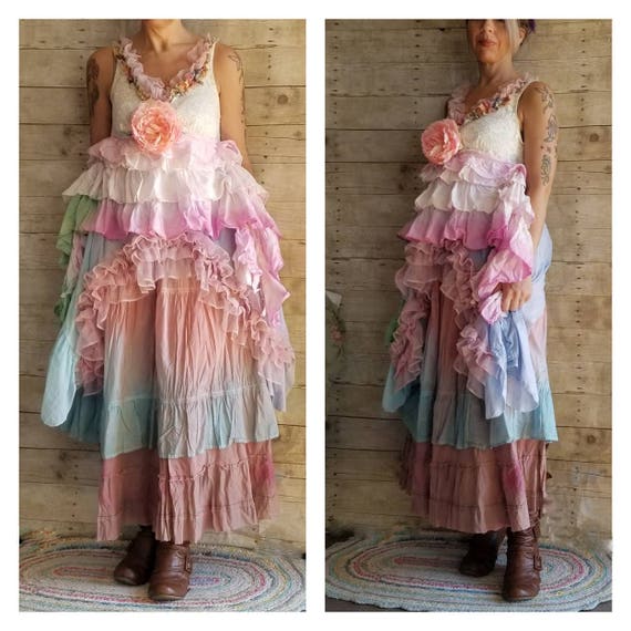Pink Sunshine Shabby Asymmetric Floral Lace Layered Anthropologie Peasant Repurposed Country Ruffled Boho Altered Mori Maxi Dress Upcycled Pink Sunshine Shabby Asymmetric Floral Lace Layered Anthropologie Peasant Repurposed Country Ruffled Boho Altered Mori Maxi Dress Upcycled