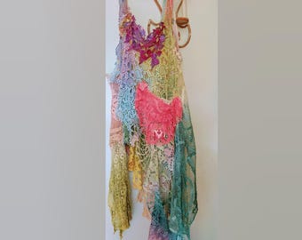Pink Sonnenschein Shabby bunte Maxi Boho asymmetrisches Kleid Top Overlay Häkeldeckchen S M L XL