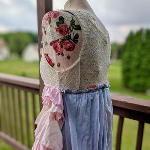 K&ouml;nnte beinhalten: Vintage-Kleid auf einer Schaufensterpuppe. Das Oberteil hat eine cremefarbene Spitze und einen Blumendruck mit rosa Rosen. Der Rock kombiniert hellblauen Stoff und rosa R&uuml;schen, wodurch ein geschichteter Effekt entsteht. Das Kleid wird im Freien ausgestellt.