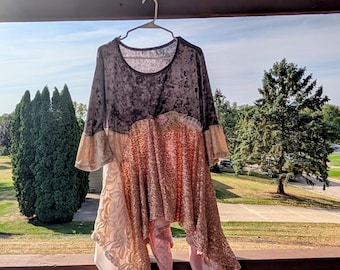 Pink Sunshine Shabby Cowgirl crushed Samt Spitze Pailletten Tank Volant rustikale Tunika Zigeuner Blumen Rüschen rustikale Boho veränderted Top Kleid M