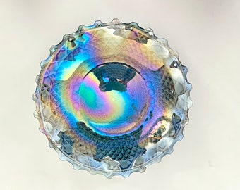 Vintage 10” Blue Iridescent Carnival Glass Hostess Ruffle plate - Indiana Glass