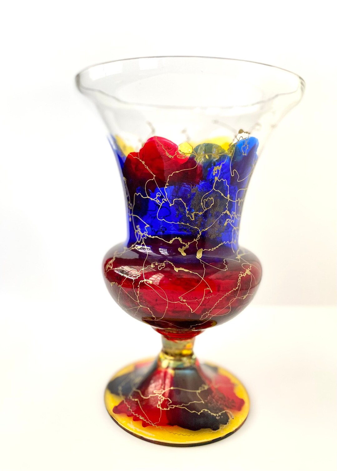 Royal Danube Hand Blown Hand Decorated 10x6.5 Glass Vase Red Blue Gold