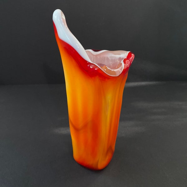 Vintage Free Form Orange and White hand blown art glass vase