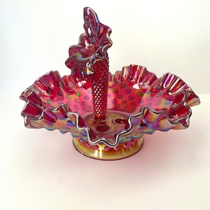 Fenton Art Glass  Carnival IRIDESCENT Plum Diamond Lace 3 Horn EPERGNE RARE item